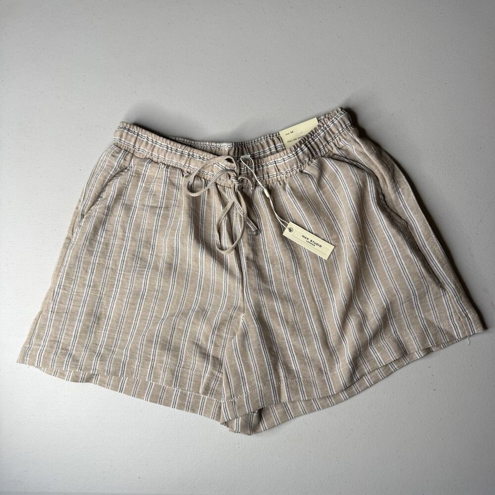 Max Studio London Linen Blend Striped Pull On Shorts Beige Size M NWT Pockets